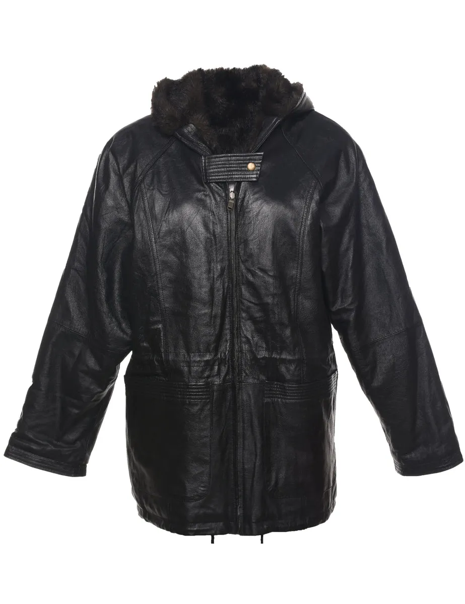 Zip Front Shearling Leather Jacket - L